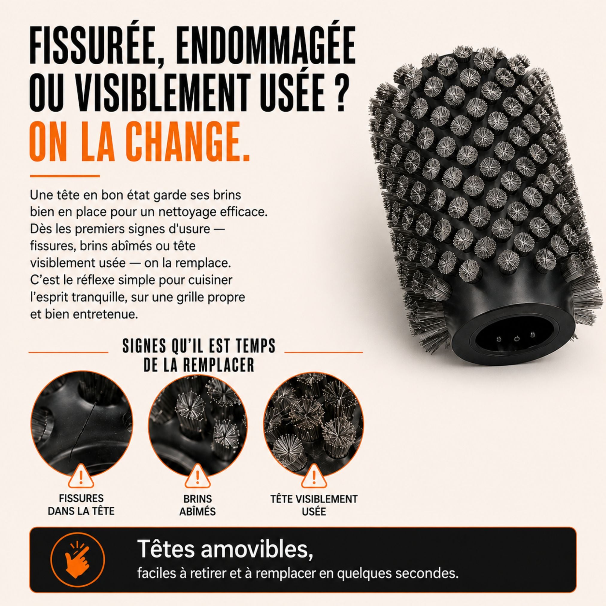 Lot de 3 têtes de brosse en acier inoxydable — des grilles propres pendant 10 à 15 ans.