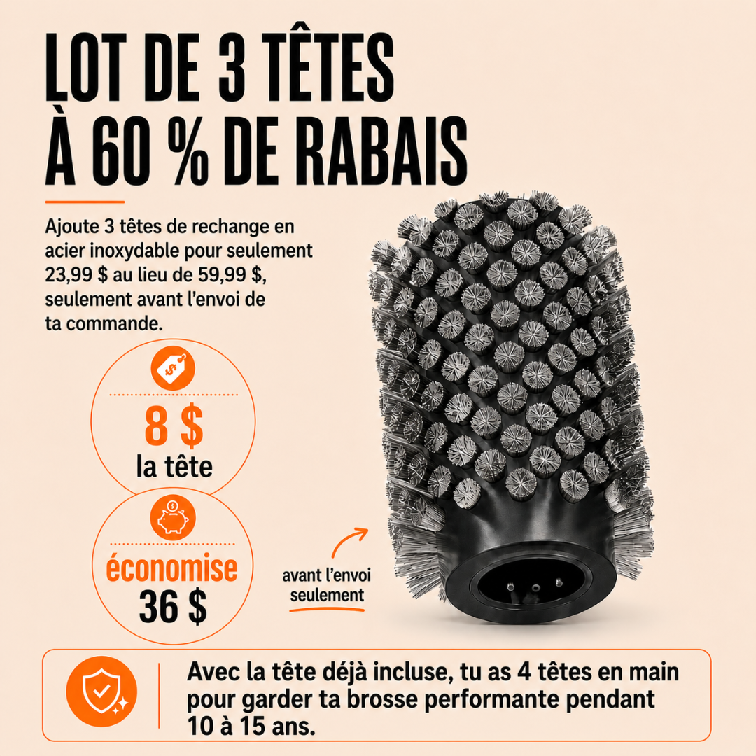 Lot de 3 têtes de brosse en acier inoxydable — des grilles propres pendant 10 à 15 ans - Kaskad™